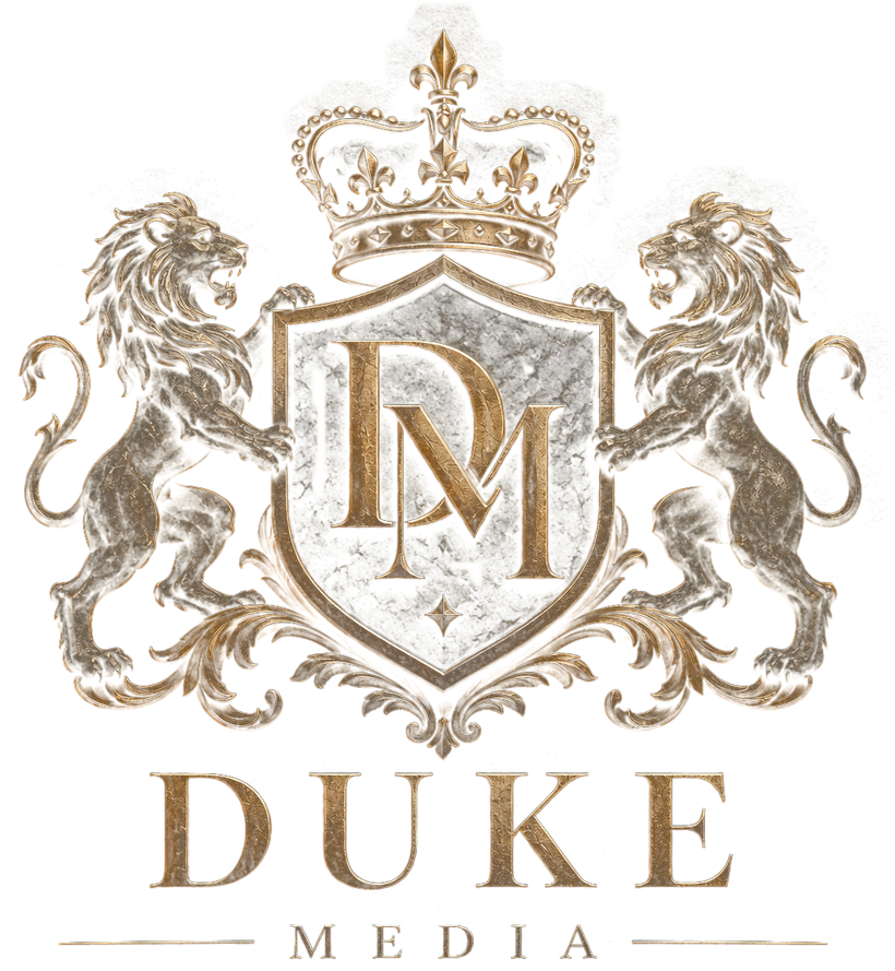 Duke Media crest: a crowned shield flanked by two lions